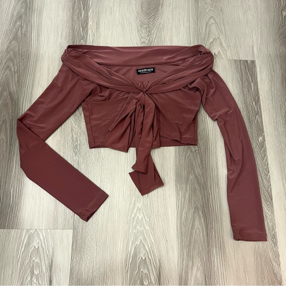 Fashion Nova Mauve Off-Shoulder Tie-Front Crop Top